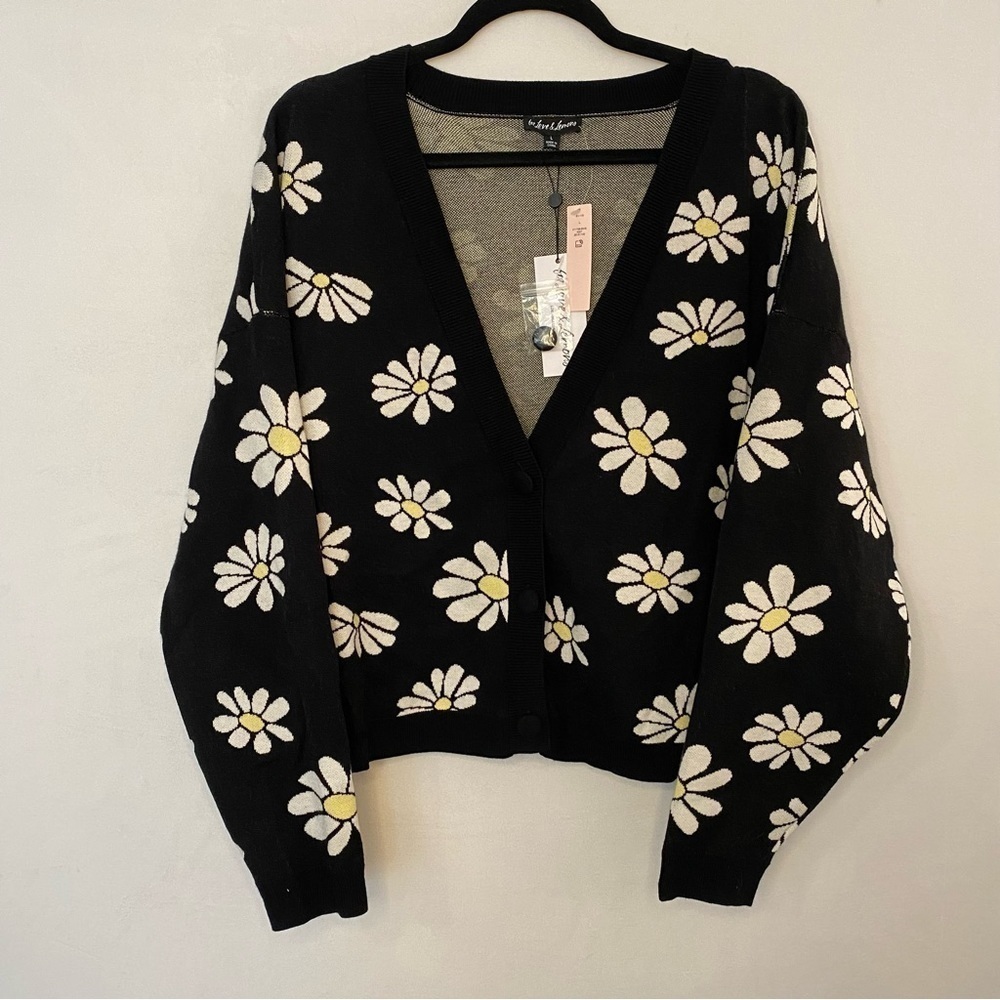 For Love & Lemons Black Daisy Print Sweater Button Oversized Cardigan NEW Large - Picture 3 of 8
